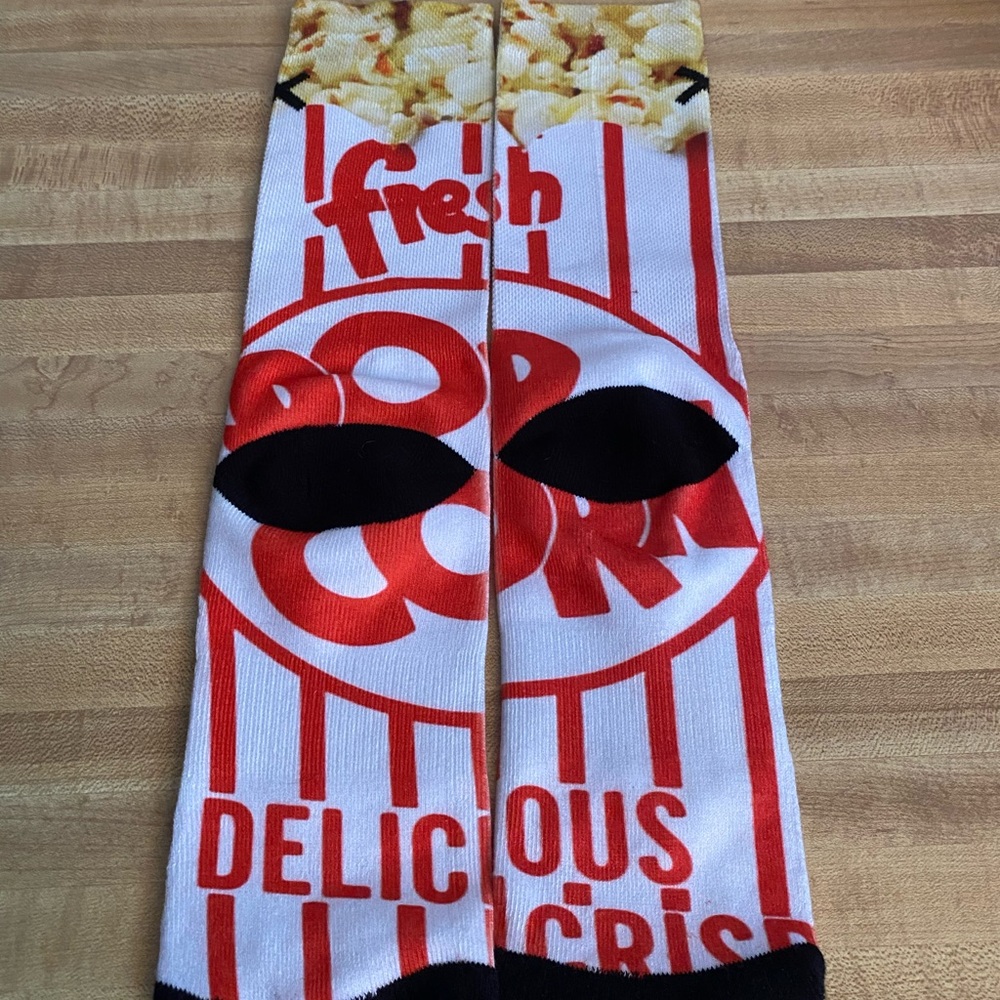 Pair of Popcorn themed Socks. Mid-Calf. Unbranded.